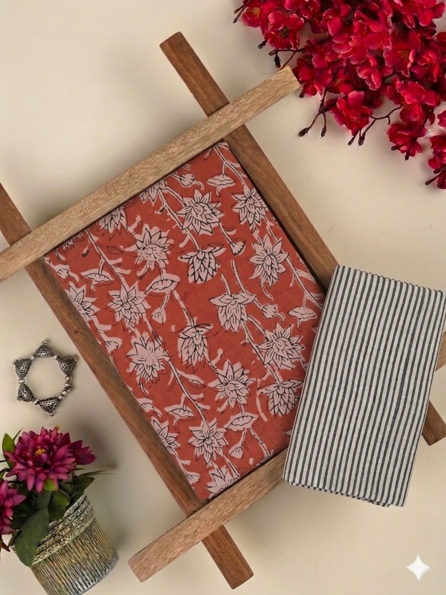 Premium Hand Block Printed Cotton Suit Top And Bottom Set