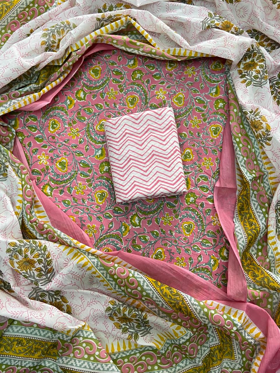Pure Cotton Hand Block Printed Unstitched Suit Set with Soft Cotton Dupatta
