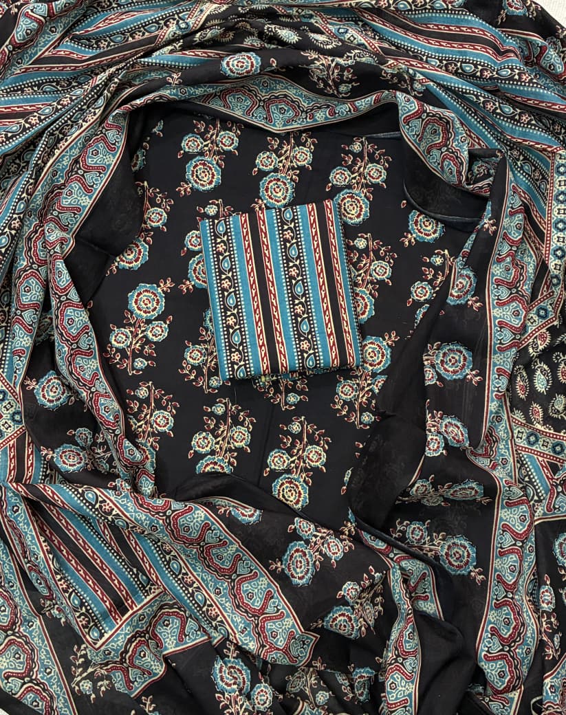 Pure Cotton Hand Block Printed Unstitched Suit Set with Soft Cotton Dupatta