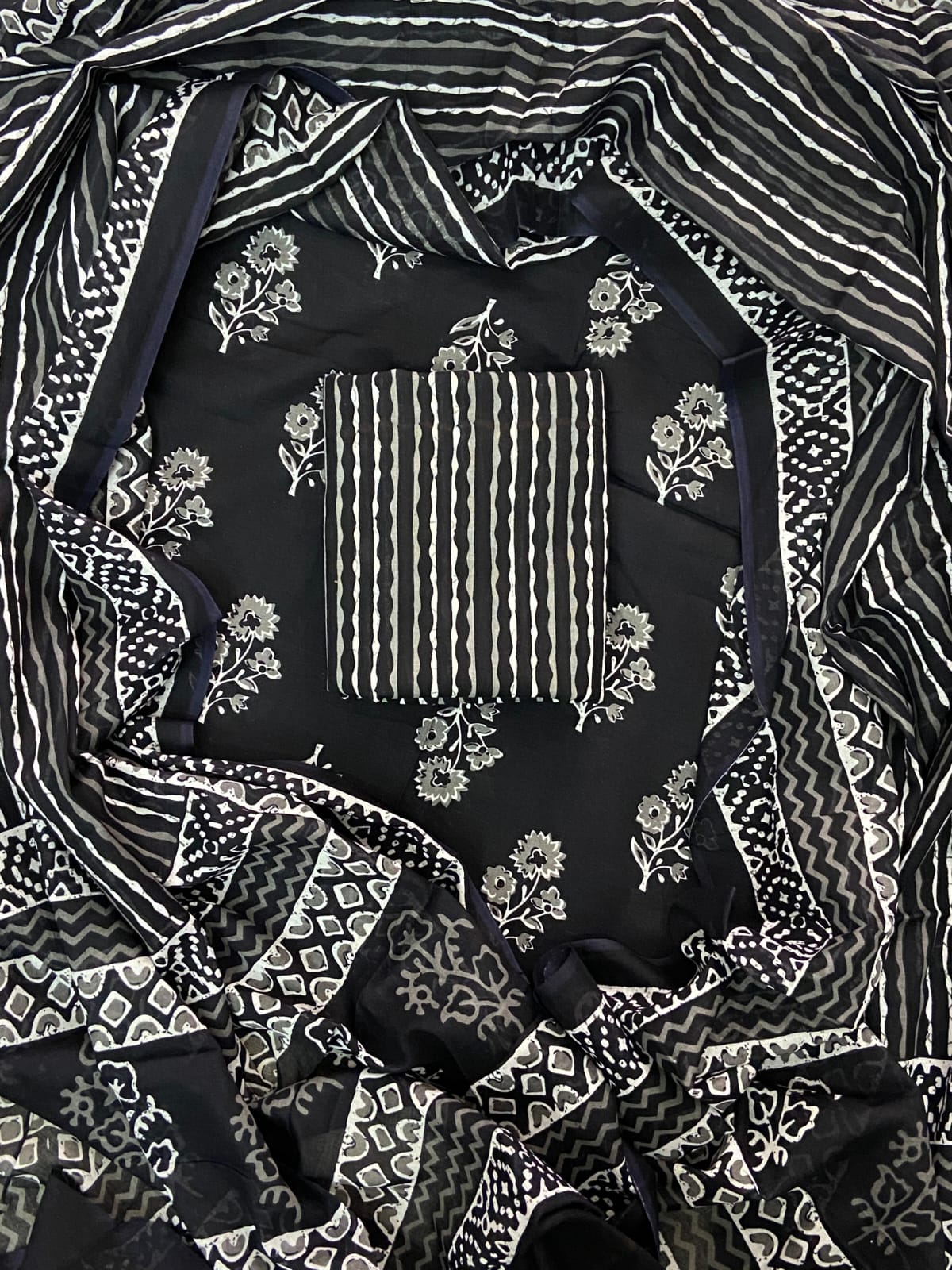 Pure Cotton Hand Block Printed Unstitched Suit Set with Soft Cotton Dupatta