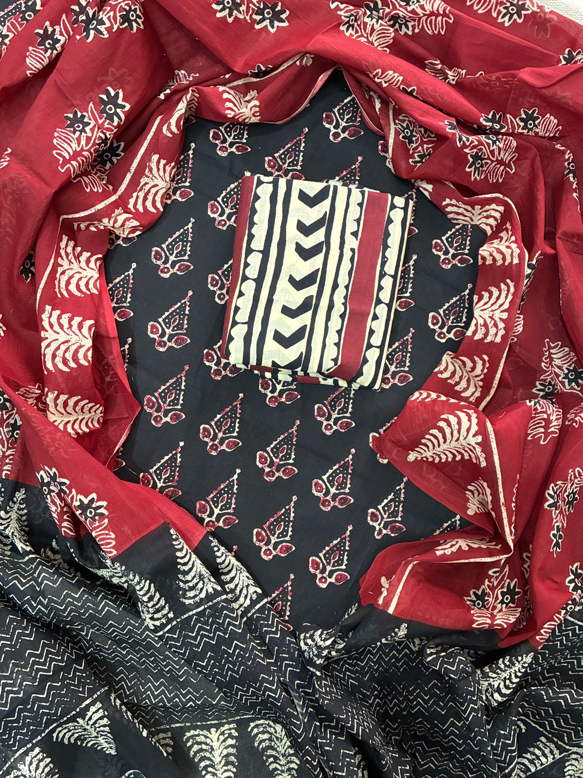 Pure Cotton Hand Block Printed Unstitched Suit Set with Soft Cotton Dupatta