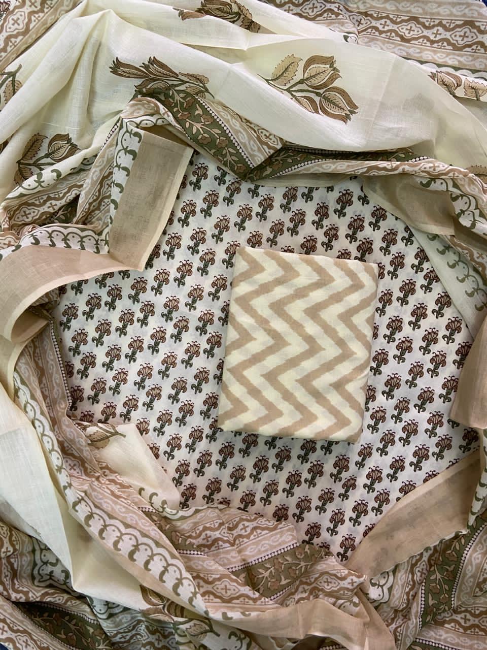 Pure Cotton Hand Block Printed Unstitched Suit Set with Soft Cotton Dupatta