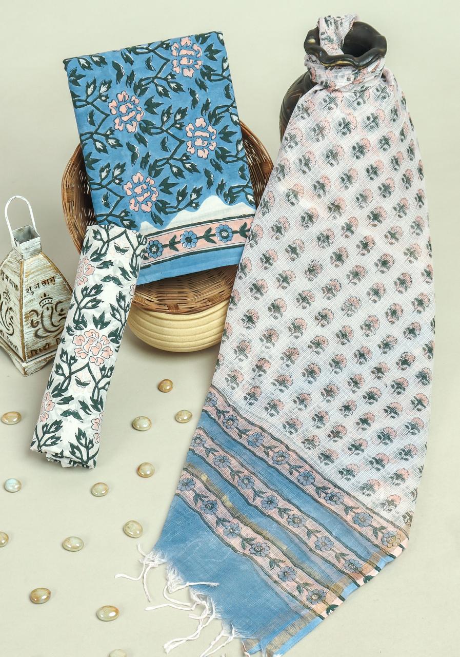 Pure Cotton Hand Block Printed Suit Set With Kota Doria Dupatta