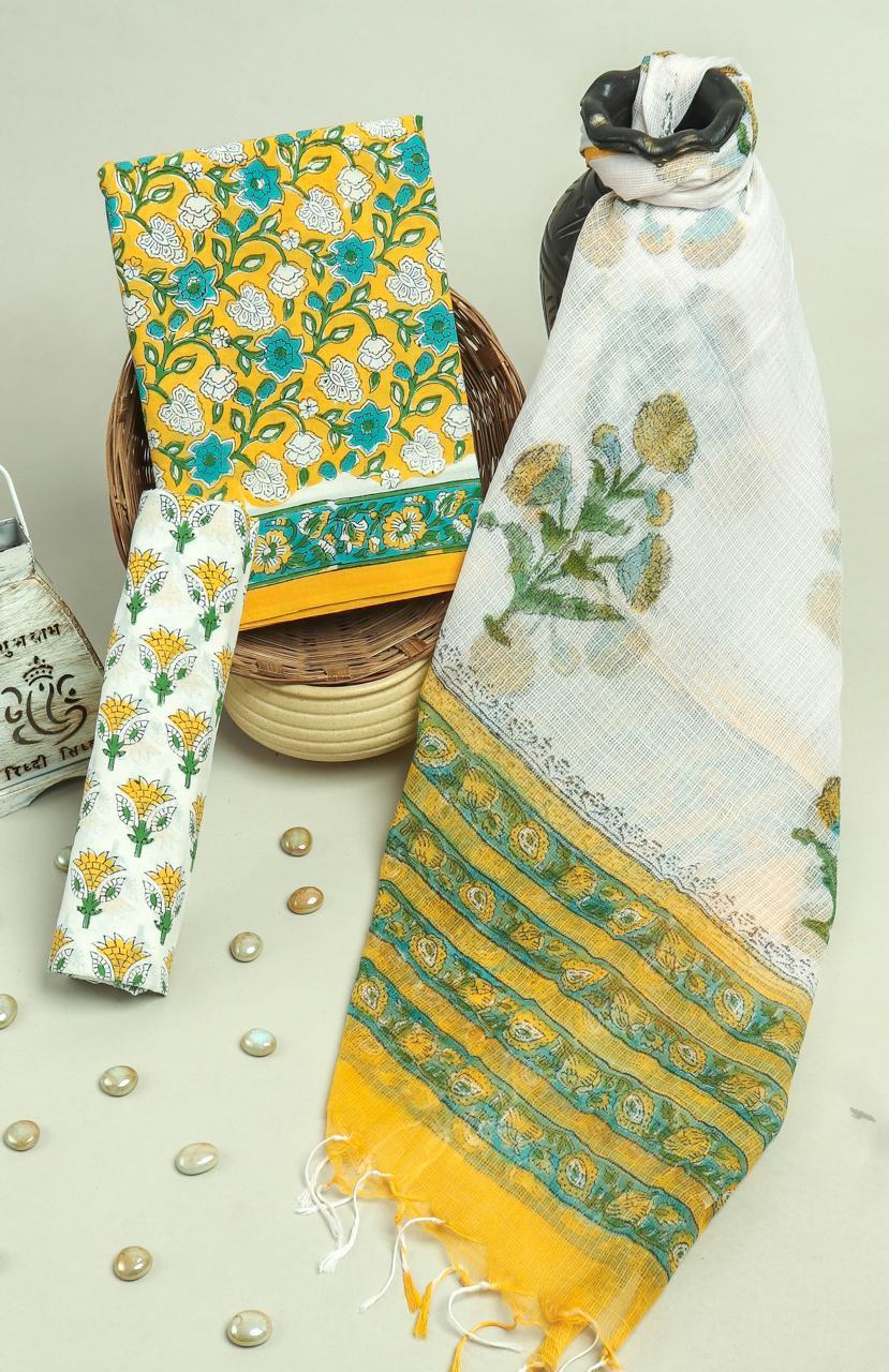 Pure Cotton Hand Block Printed Suit Set With Kota Doria Dupatta