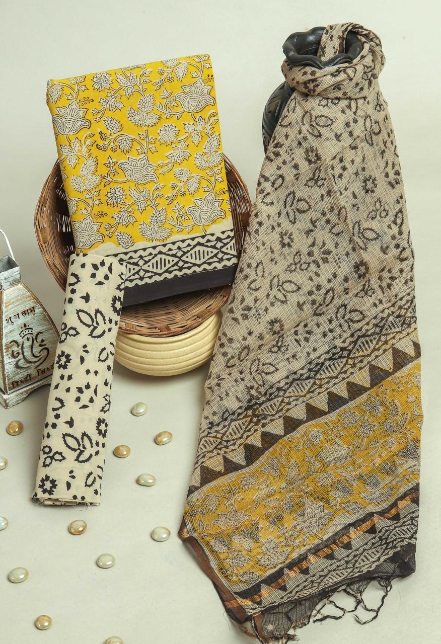Pure Cotton Hand Block Printed Suit Set With Kota Doria Dupatta
