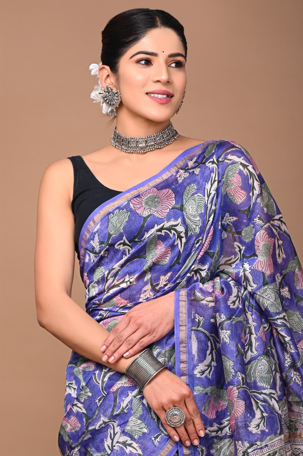 Designer Hand Block Print Chanderi Silk Saree
