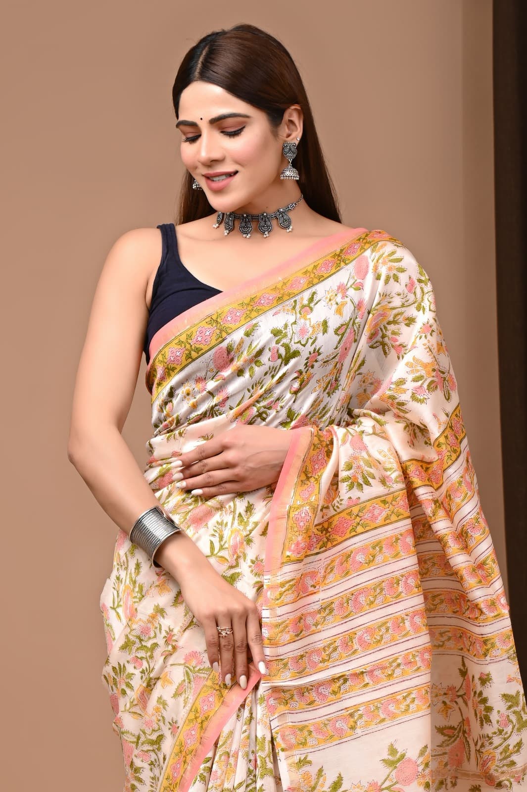 Designer Hand Block Print Chanderi Silk Saree