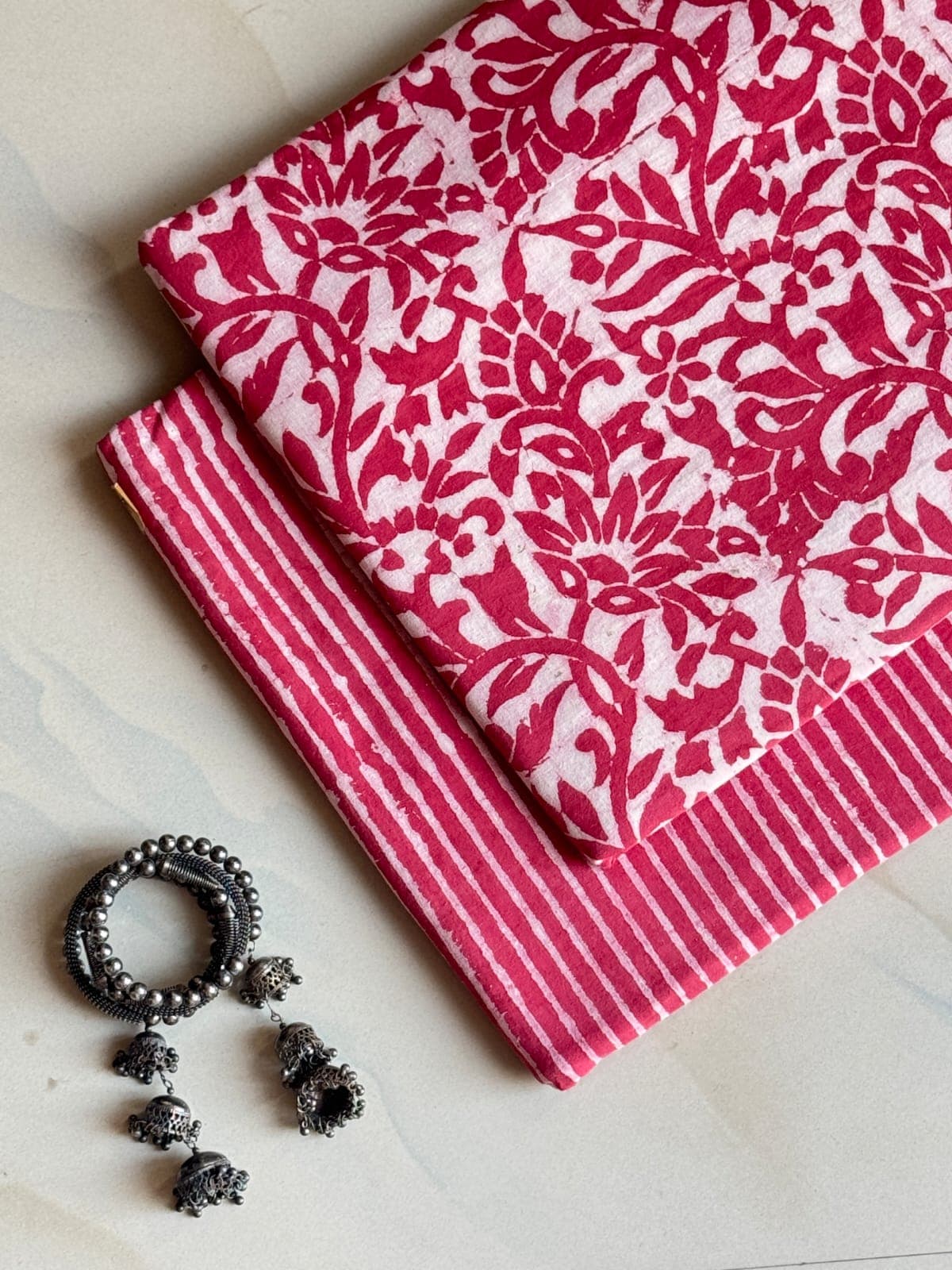 Elegant Hand Block Printed Cotton Suit Top And Bottom Set