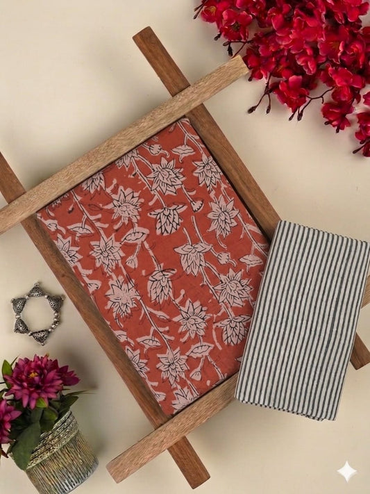 Premium Hand Block Printed Cotton Suit Top And Bottom Set