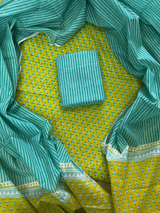 Pure Cotton Hand Block Printed Unstitched Suit Set with Soft Cotton Dupatta