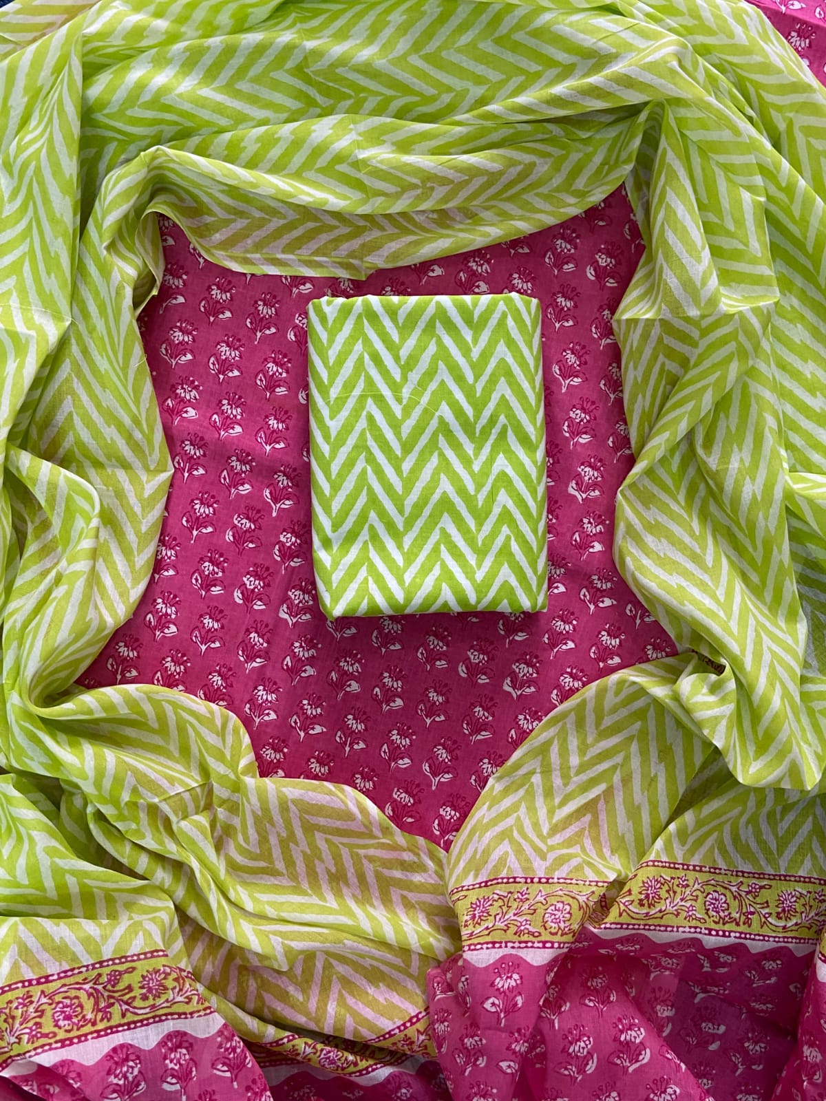 Pure Cotton Hand Block Printed Unstitched Suit Set with Soft Cotton Dupatta