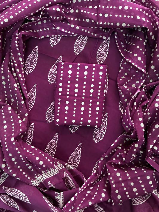 Pure Cotton Hand Block Printed Unstitched Suit Set with Soft Cotton Dupatta