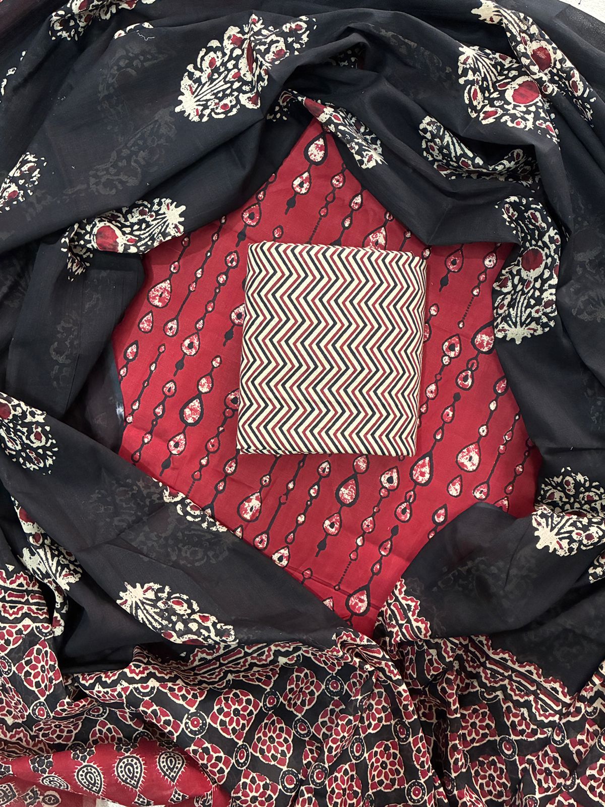 Pure Cotton Hand Block Printed Unstitched Suit Set with Soft Cotton Dupatta