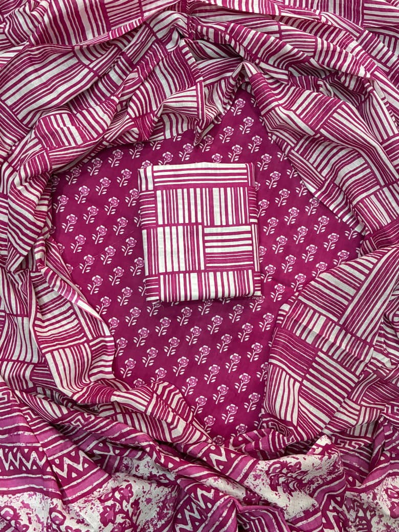 Pure Cotton Hand Block Printed Unstitched Suit Set with Soft Cotton Dupatta