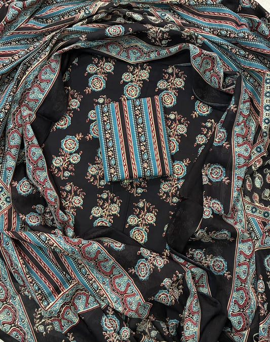 Pure Cotton Hand Block Printed Unstitched Suit Set with Soft Cotton Dupatta