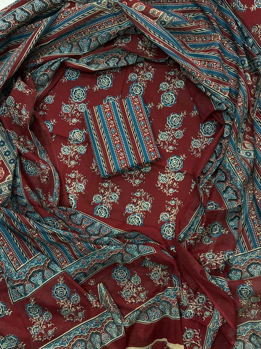 Pure Cotton Hand Block Printed Unstitched Suit Set with Soft Cotton Dupatta