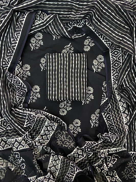 Pure Cotton Hand Block Printed Unstitched Suit Set with Soft Cotton Dupatta
