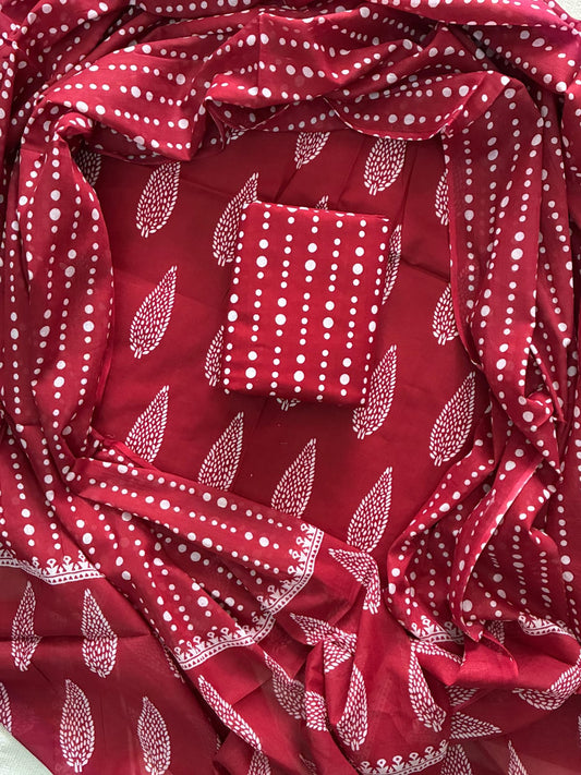 Pure Cotton Hand Block Printed Unstitched Suit Set with Soft Cotton Dupatta