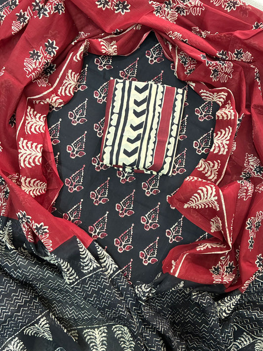 Pure Cotton Hand Block Printed Unstitched Suit Set with Soft Cotton Dupatta