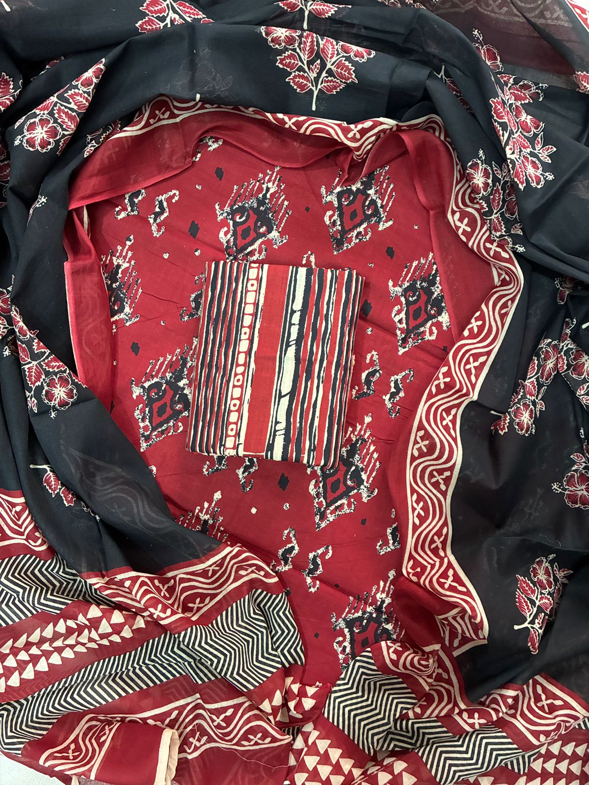 Pure Cotton Hand Block Printed Unstitched Suit Set with Soft Cotton Dupatta