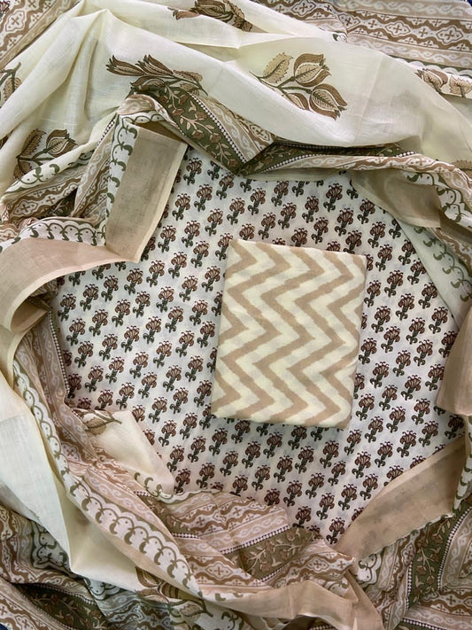 Pure Cotton Hand Block Printed Unstitched Suit Set with Soft Cotton Dupatta