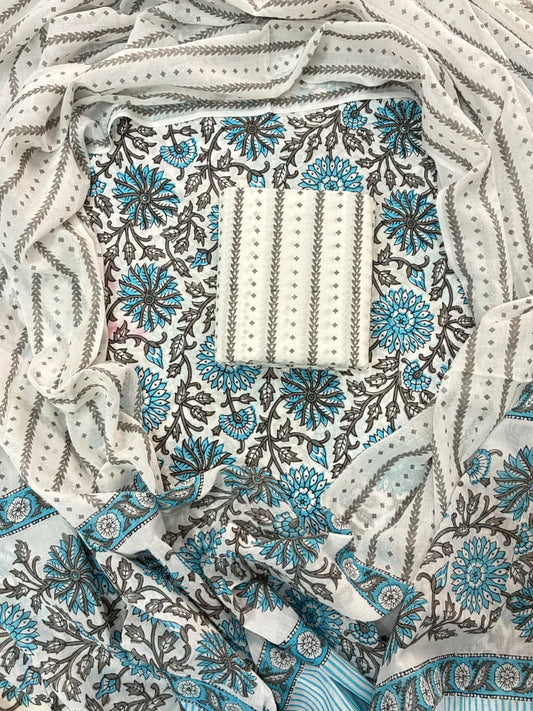 Pure Cotton Hand Block Printed Unstitched Suit Set with Soft Cotton Dupatta