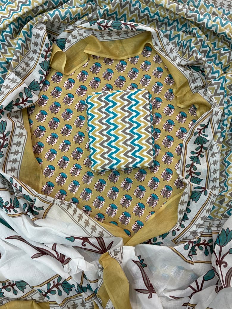 Pure Cotton Hand Block Printed Unstitched Suit Set with Soft Cotton Dupatta