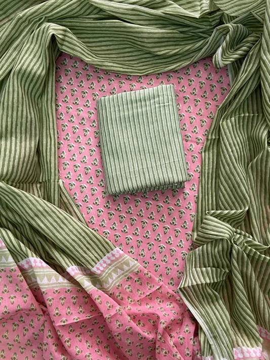 Pure Cotton Hand Block Printed Unstitched Suit Set with Soft Cotton Dupatta