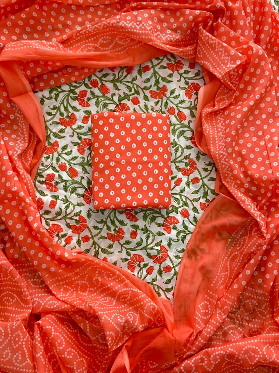 Pure Cotton Hand Block Printed Unstitched Suit Set with Soft Cotton Dupatta