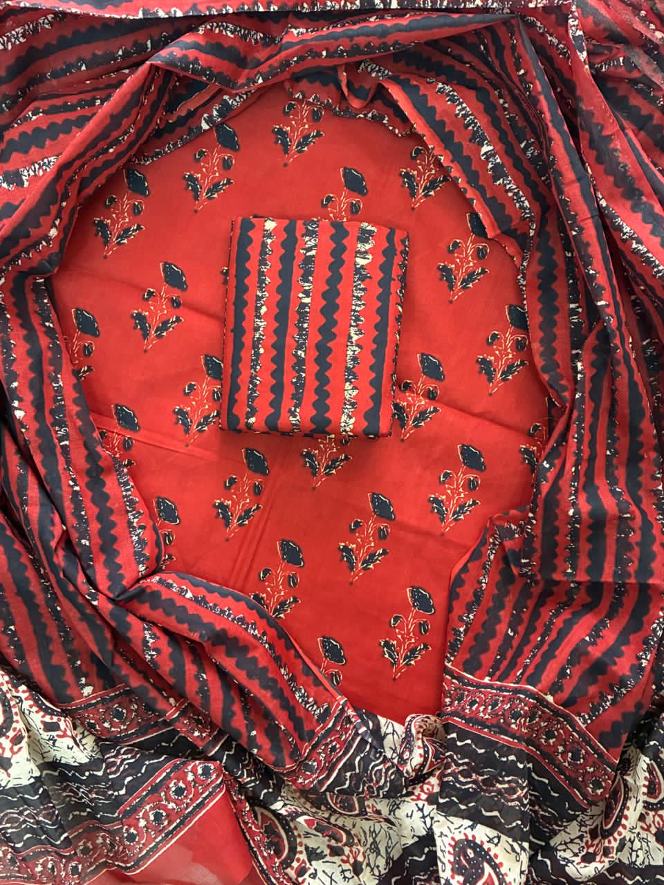 Pure Cotton Hand Block Printed Unstitched Suit Set with Soft Cotton Dupatta