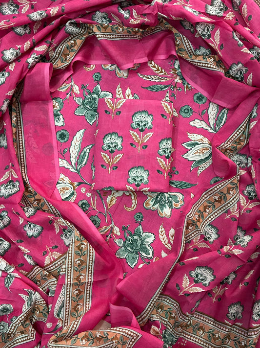 Pure Cotton Hand Block Printed Unstitched Suit Set with Soft Cotton Dupatta