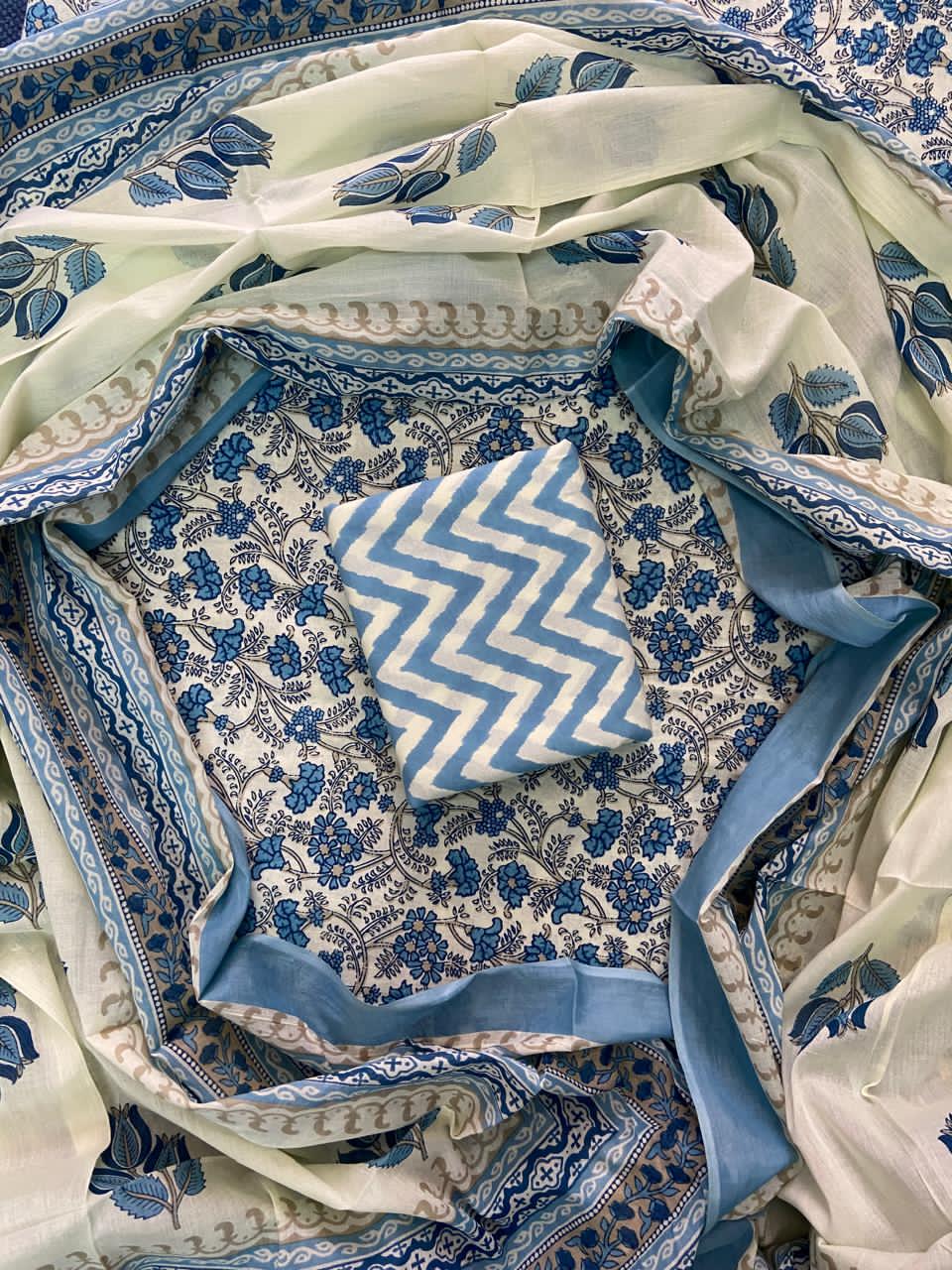 Pure Cotton Hand Block Printed Unstitched Suit Set with Soft Cotton Dupatta