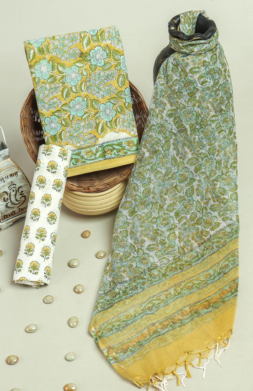 Pure Cotton Hand Block Printed Suit Set With Kota Doria Dupatta