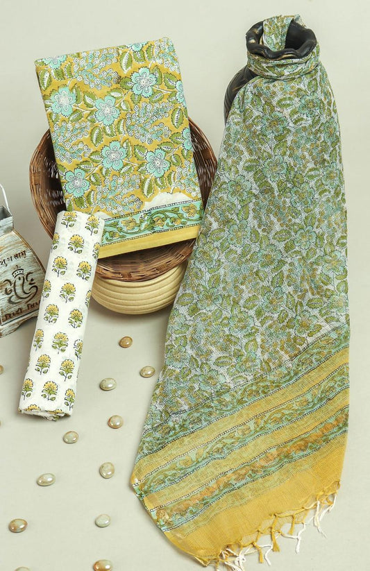 Pure Cotton Hand Block Printed Suit Set With Kota Doria Dupatta
