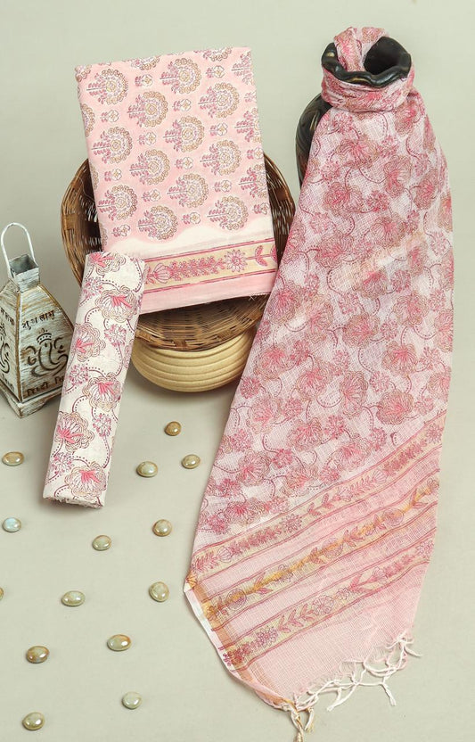 Pure Cotton Hand Block Printed Suit Set With Kota Doria Dupatta