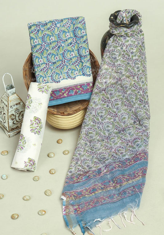 Pure Cotton Hand Block Printed Suit Set With Kota Doria Dupatta