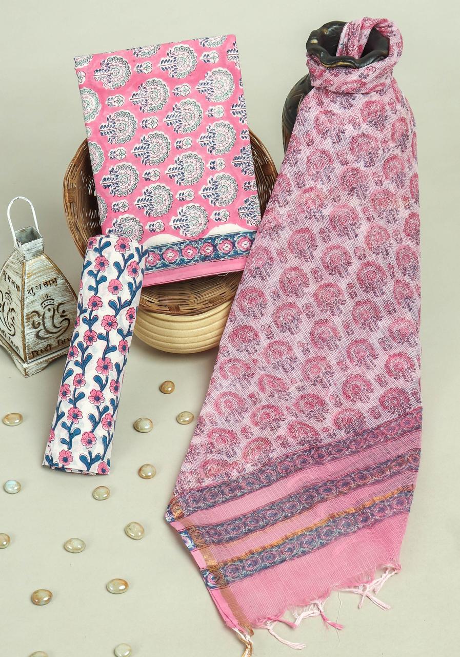 Pure Cotton Hand Block Printed Suit Set With Kota Doria Dupatta