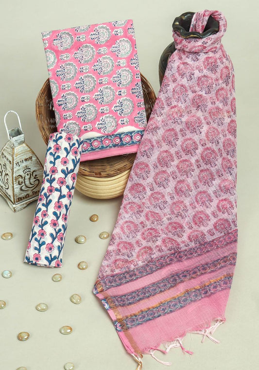 Pure Cotton Hand Block Printed Suit Set With Kota Doria Dupatta