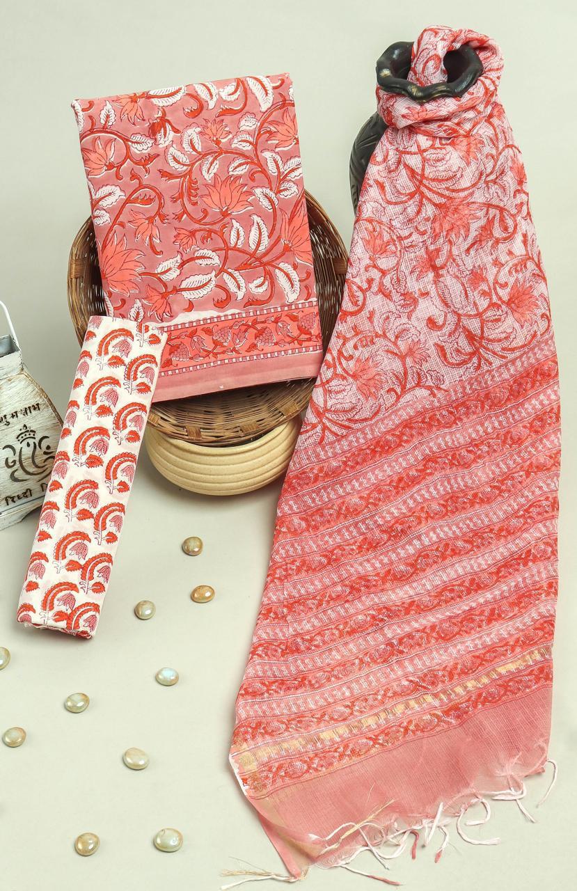 Pure Cotton Hand Block Printed Suit Set With Kota Doria Dupatta