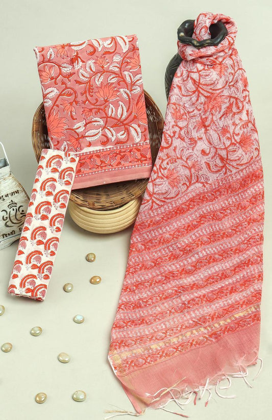 Pure Cotton Hand Block Printed Suit Set With Kota Doria Dupatta