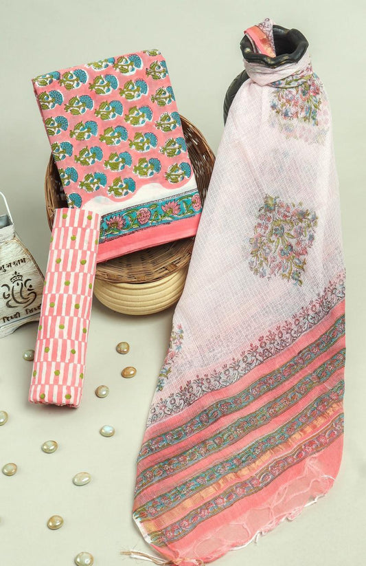 Pure Cotton Hand Block Printed Suit Set With Kota Doria Dupatta