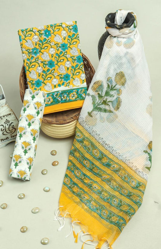 Pure Cotton Hand Block Printed Suit Set With Kota Doria Dupatta