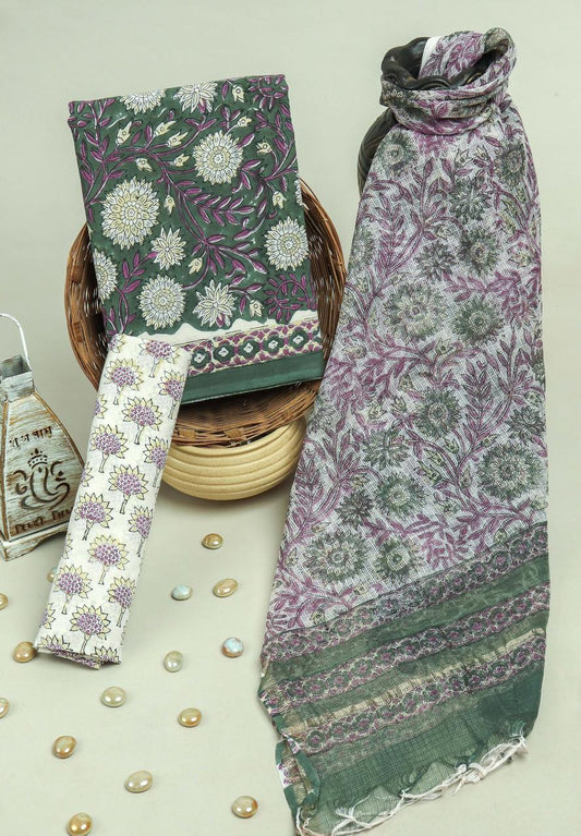Pure Cotton Hand Block Printed Suit Set With Kota Doria Dupatta