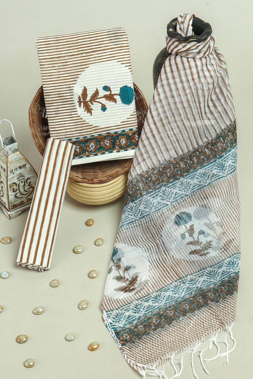 Pure Cotton Hand Block Printed Suit Set With Kota Doria Dupatta