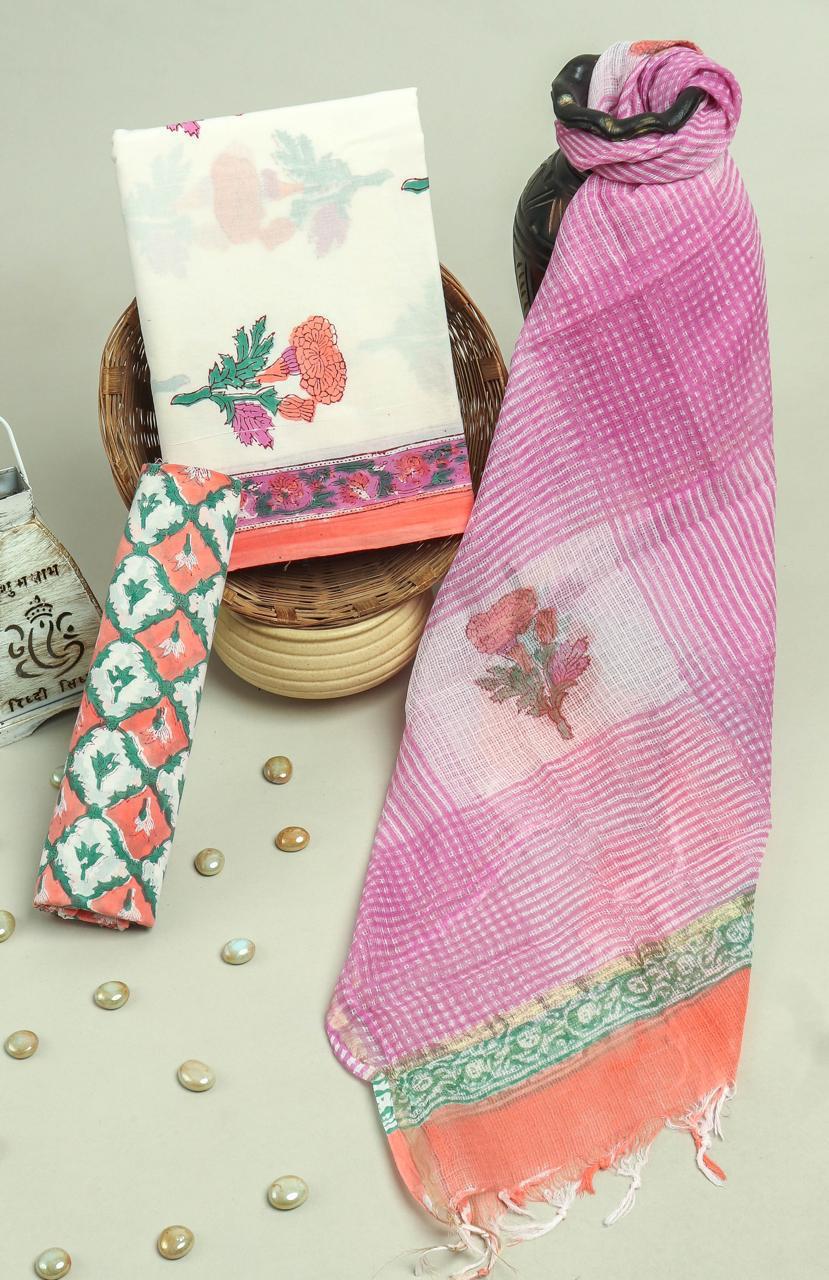 Pure Cotton Hand Block Printed Suit Set With Kota Doria Dupatta