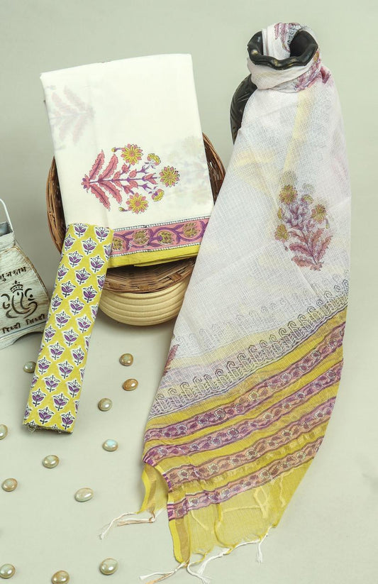 Pure Cotton Hand Block Printed Suit Set With Kota Doria Dupatta
