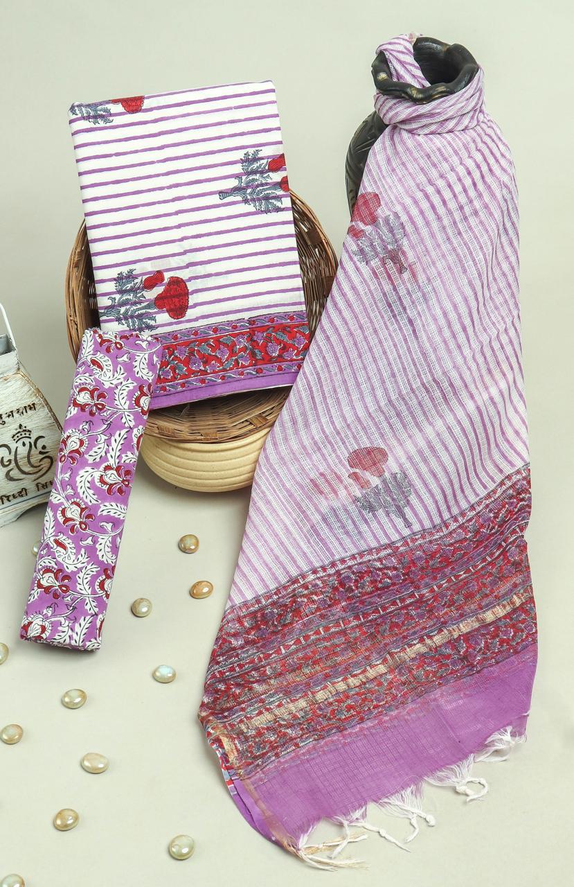 Pure Cotton Hand Block Printed Suit Set With Kota Doria Dupatta