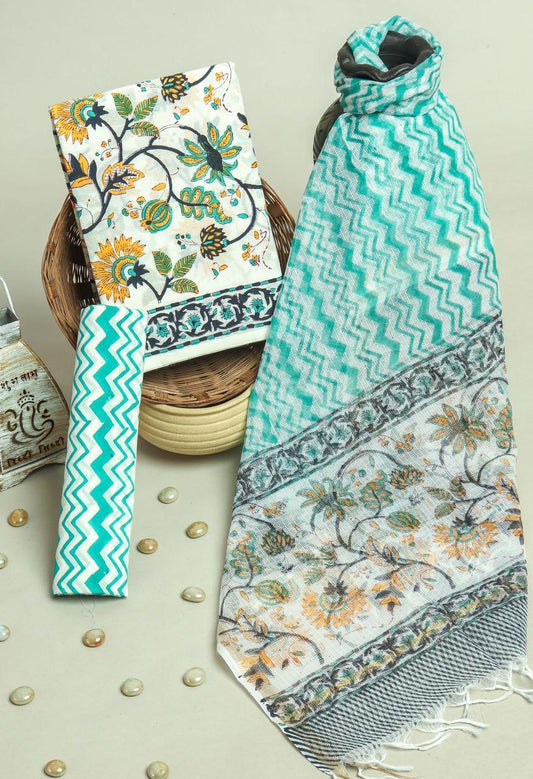 Pure Cotton Hand Block Printed Suit Set With Kota Doria Dupattah