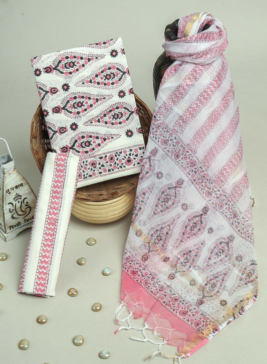 Pure Cotton Hand Block Printed Suit Set With Kota Doria Dupatta