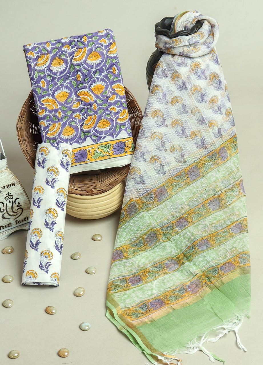 Pure Cotton Hand Block Printed Suit Set With Kota Doria Dupatta